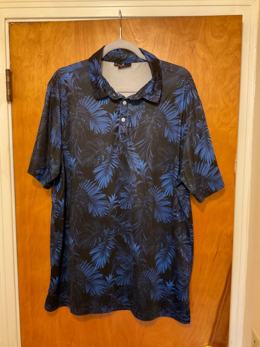Yatta Golf Polo Shirt Mens XL Black Blue Palm Tropical Print Short Sleeve